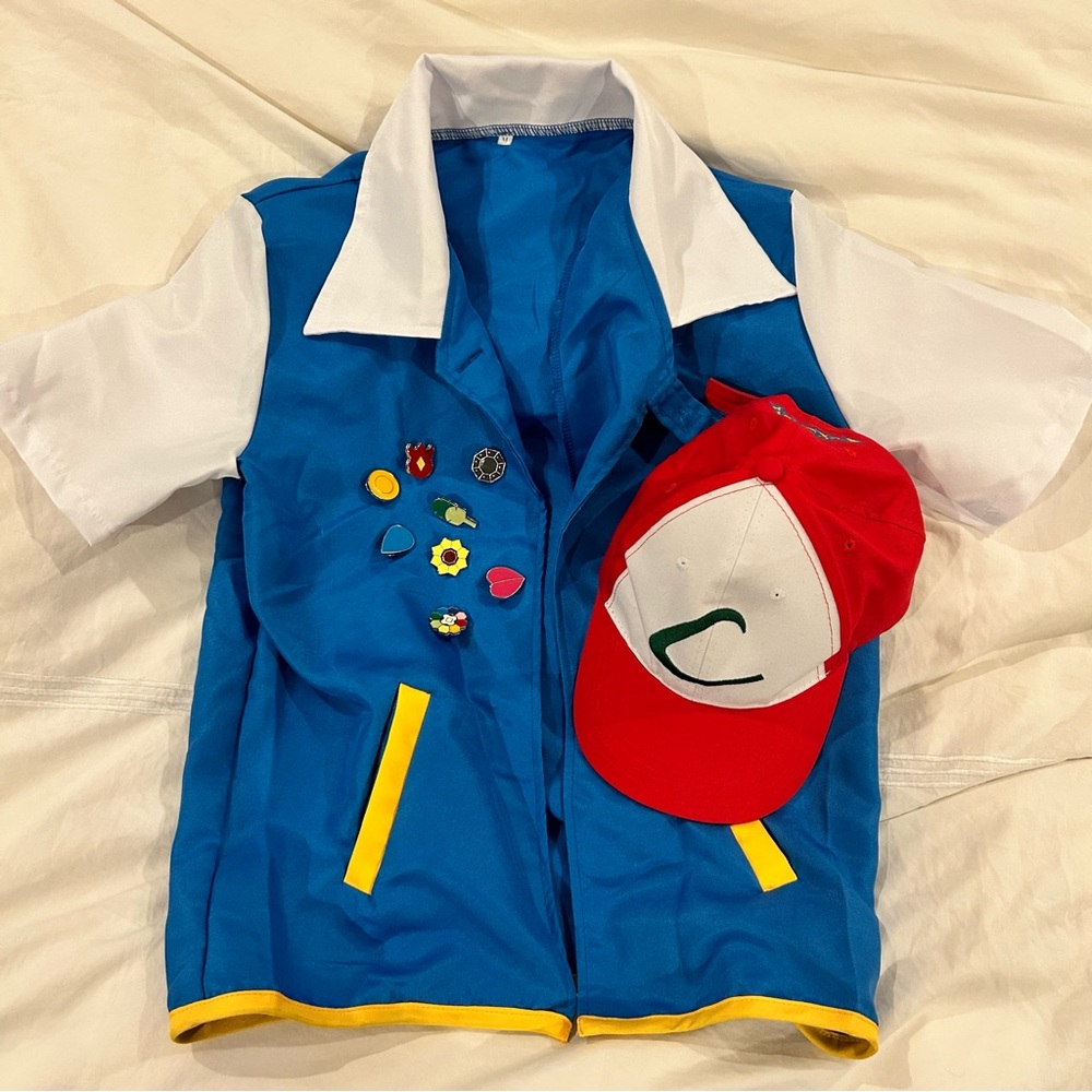 Pokemon Blue and Red Ash Ketchum Jacket with Cap Hat and Gym Badges